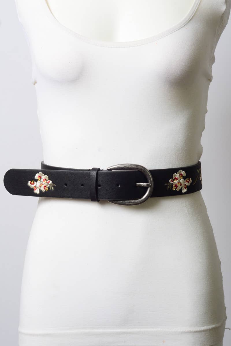 Hibiscus Embroidered Bohemian Belt: Mocha