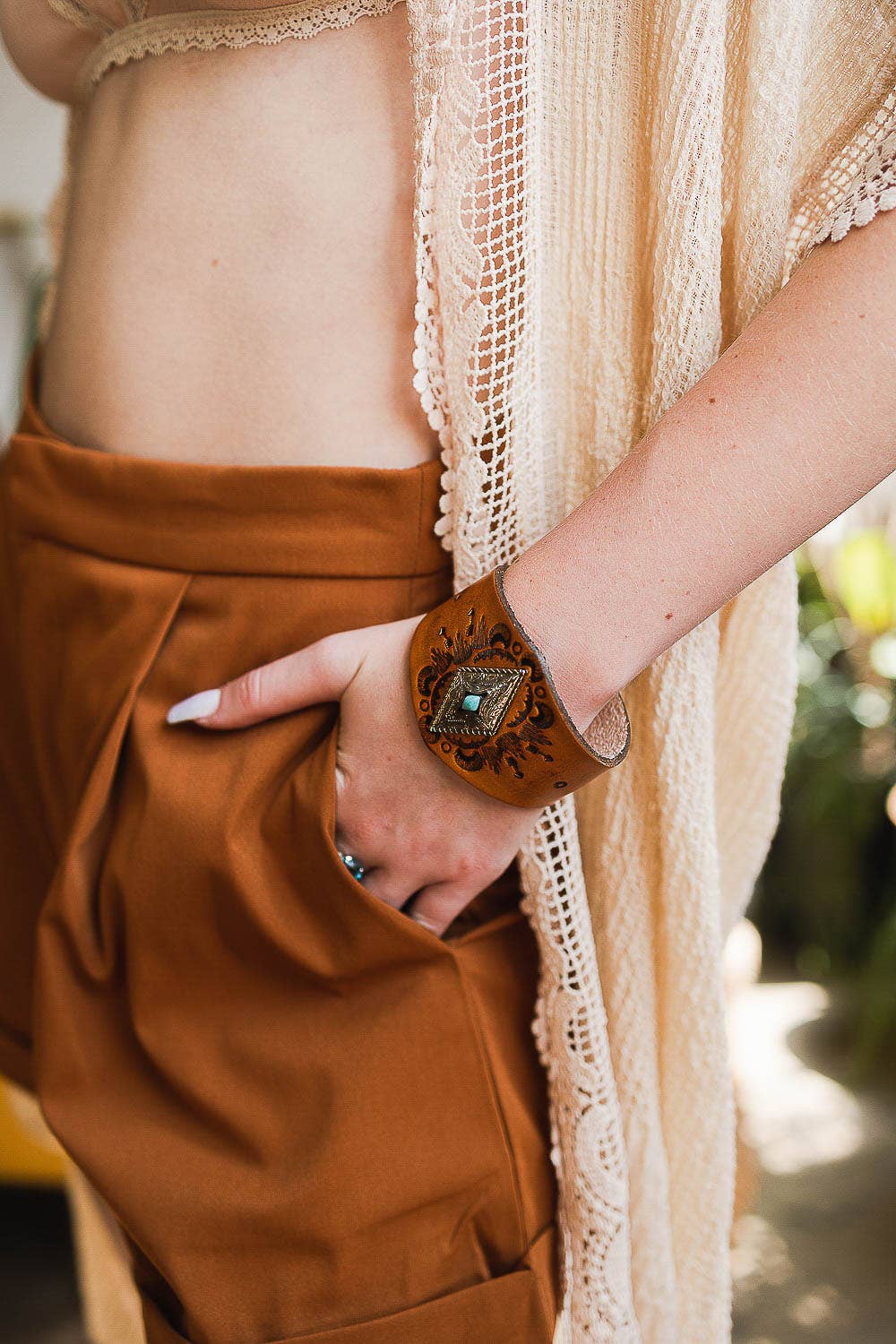 Handcrafted Diamond Piece Leather Cuff Bracelet