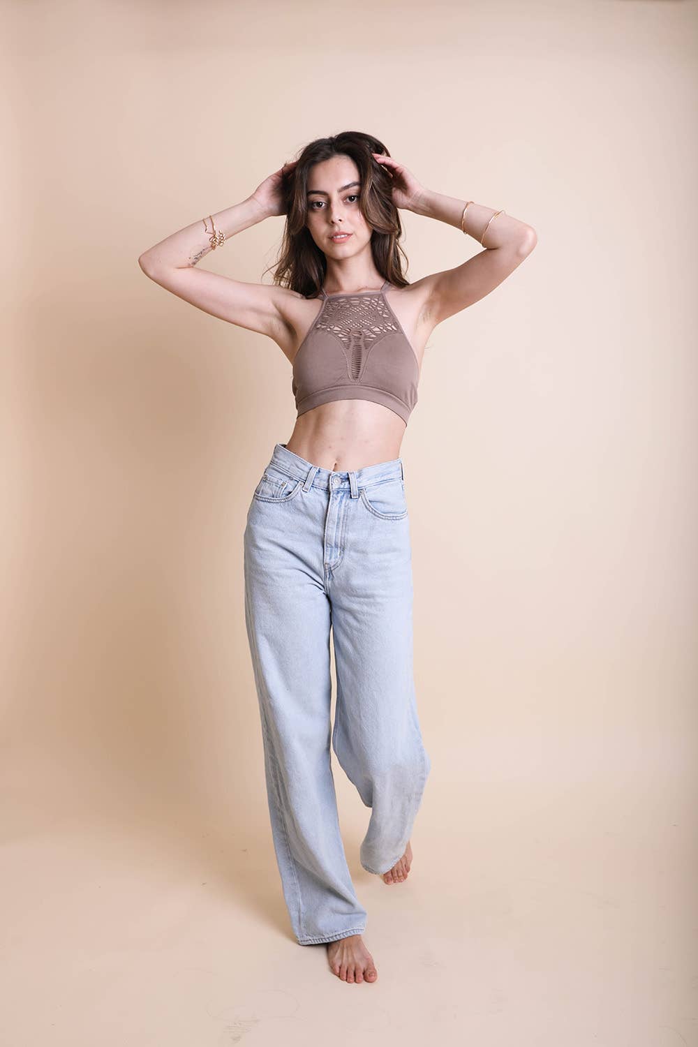 Floral Cutout Seamless Crop Top: Mocha