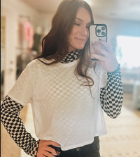 Long Sleeve Checkered Mesh Mock Neck Top