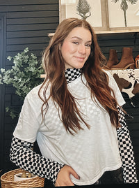 Long Sleeve Checkered Mesh Mock Neck Top