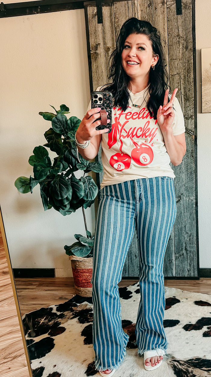 Cello Blue Pin Stripe Flare Jeans
