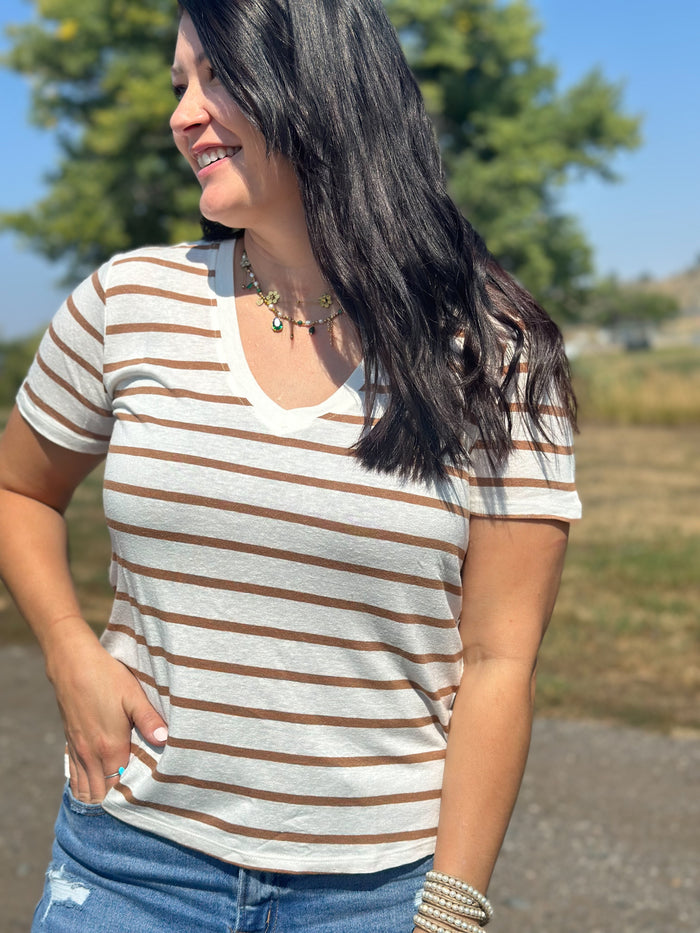 Bronze Stripe V-Neck Tee