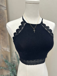 High Neck Crochet Lace Trim Bralette: Black