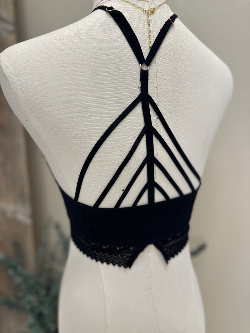 High Neck Crochet Lace Trim Bralette: Black