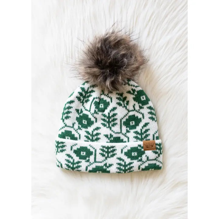 Ivory & Green Floral Pattern Pom Hat