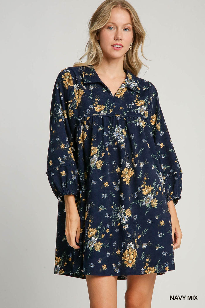 Navy Floral Corduroy Dress