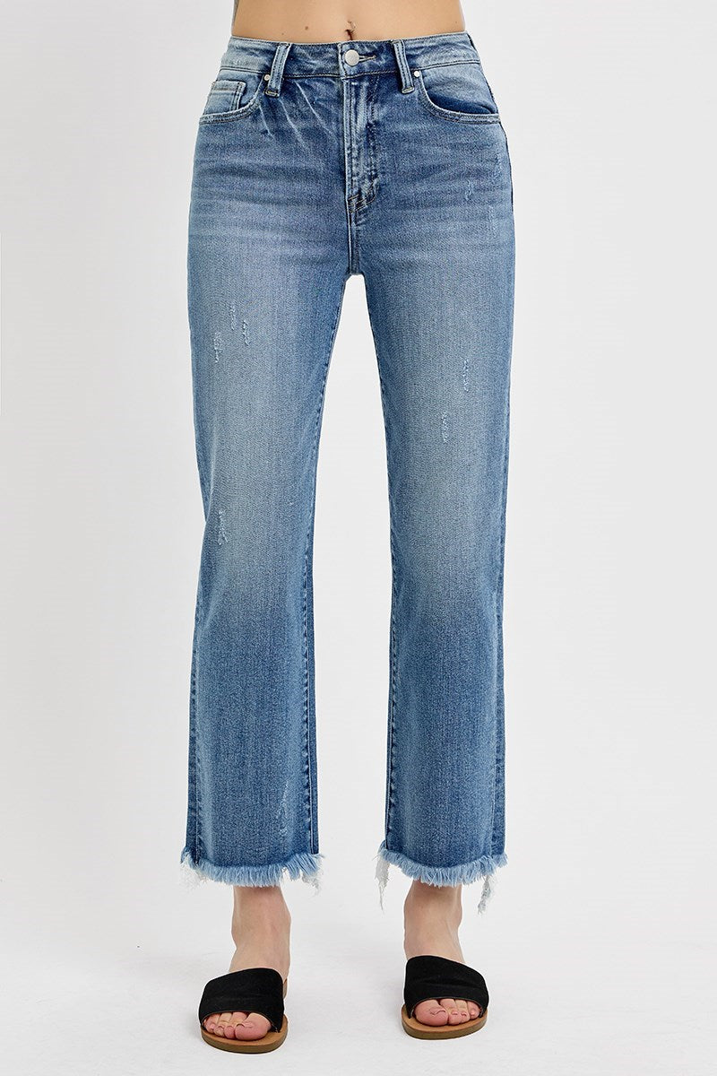 HIGH RISE CROP STRAIGHT FRAYED HEM JEANS