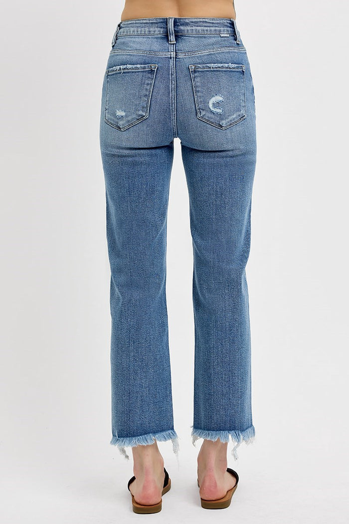 HIGH RISE CROP STRAIGHT FRAYED HEM JEANS