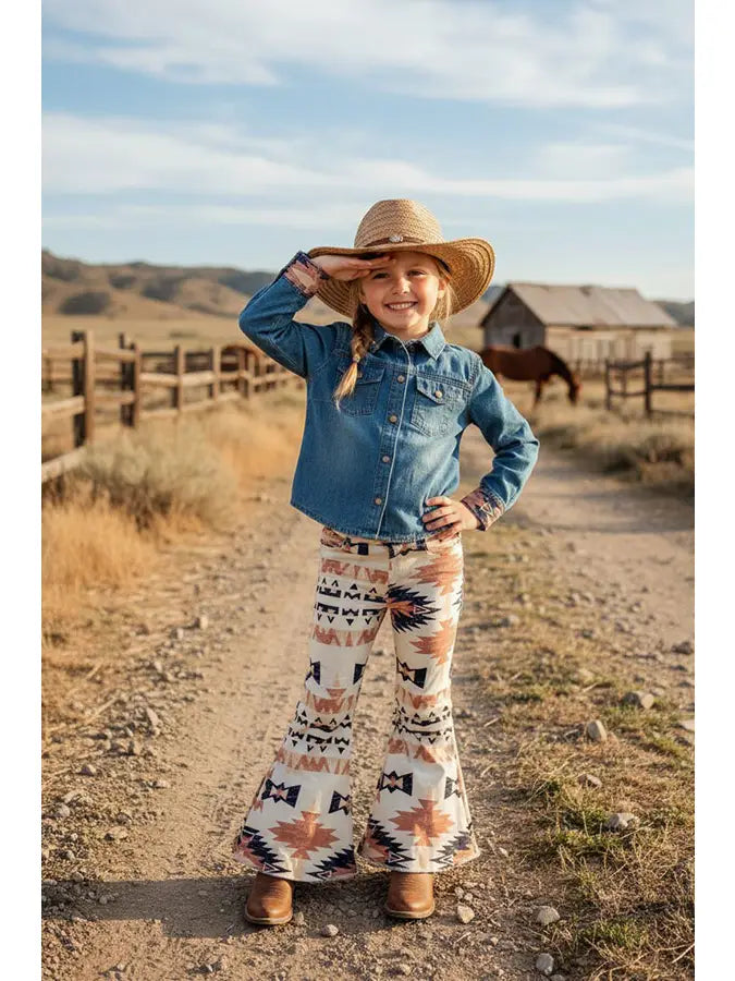 Aztec Printed Bell Bottom Denim Jeans Girls Pant