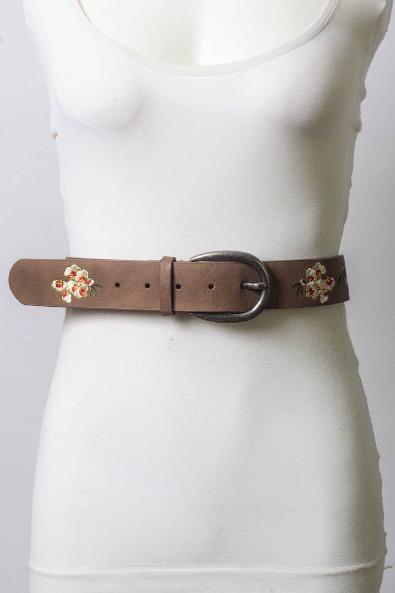 Hibiscus Embroidered Bohemian Belt: Mocha