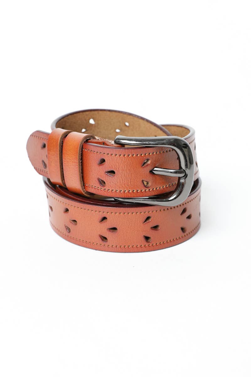 Petal Punch Out Leather Belt: Camel