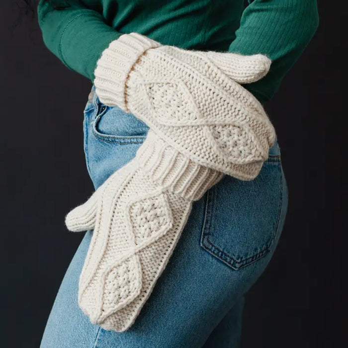 Beige cable knit mittens