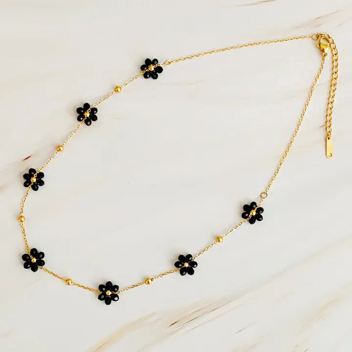 Flower Field Beaded Necklace-Black