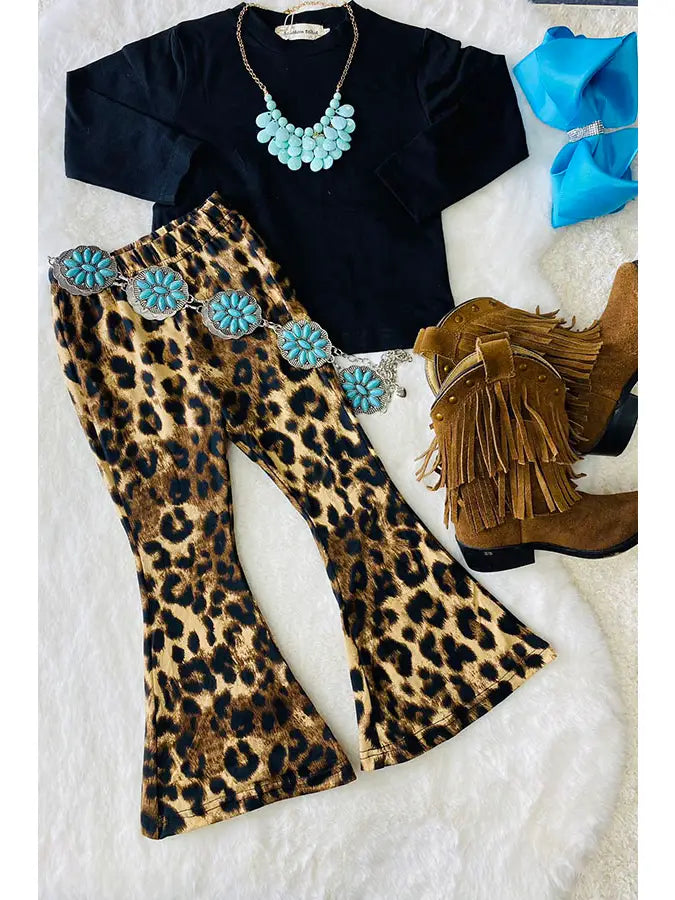 Black Top Leopard Bell Bottom Pant 2pc Girls Sets