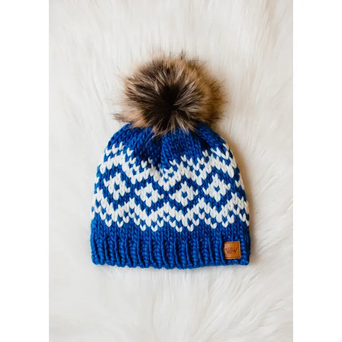 Blue & White Patterned Pom Hat