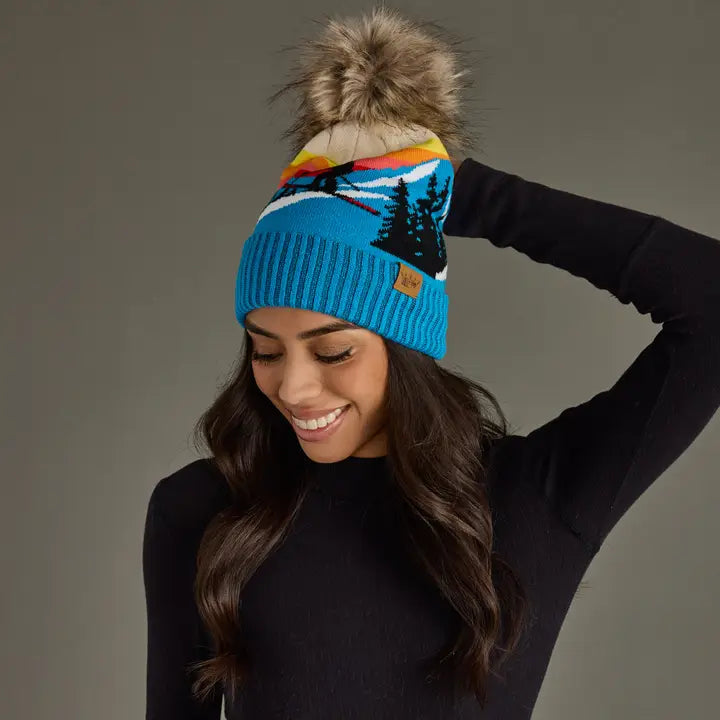 Blue Ski Mountain Landscape Pom Hat