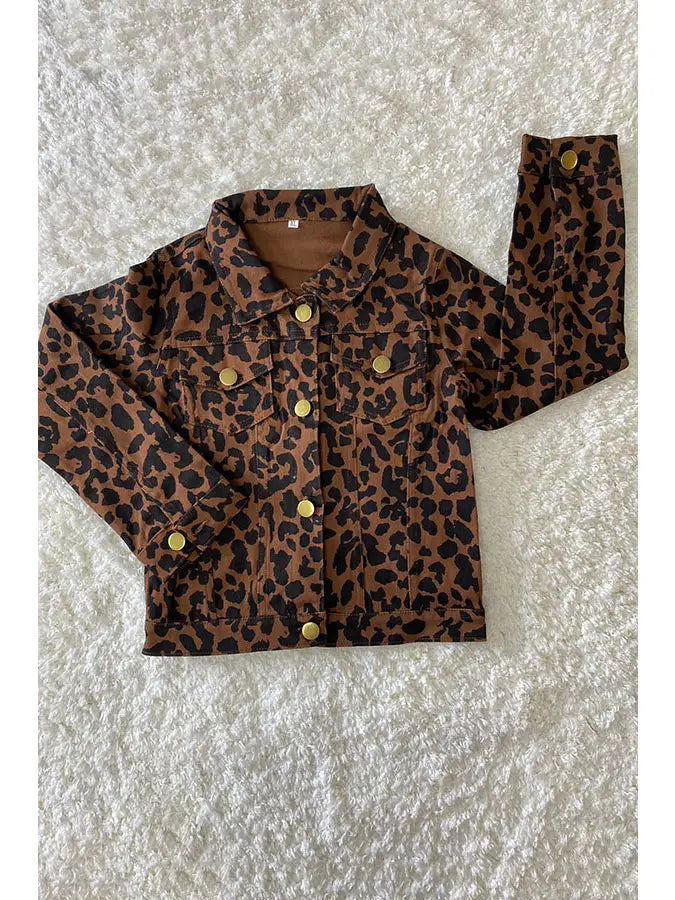 Kids Brown Leopard Printed Long Sleeve Denim Jacket