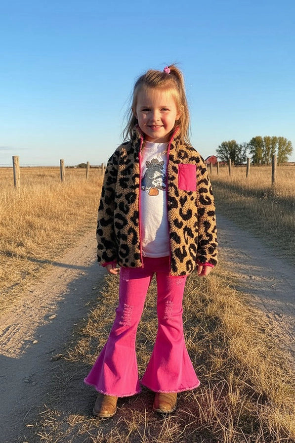 Brown Leopard Sherpa Long Sleeve Girls Jacket