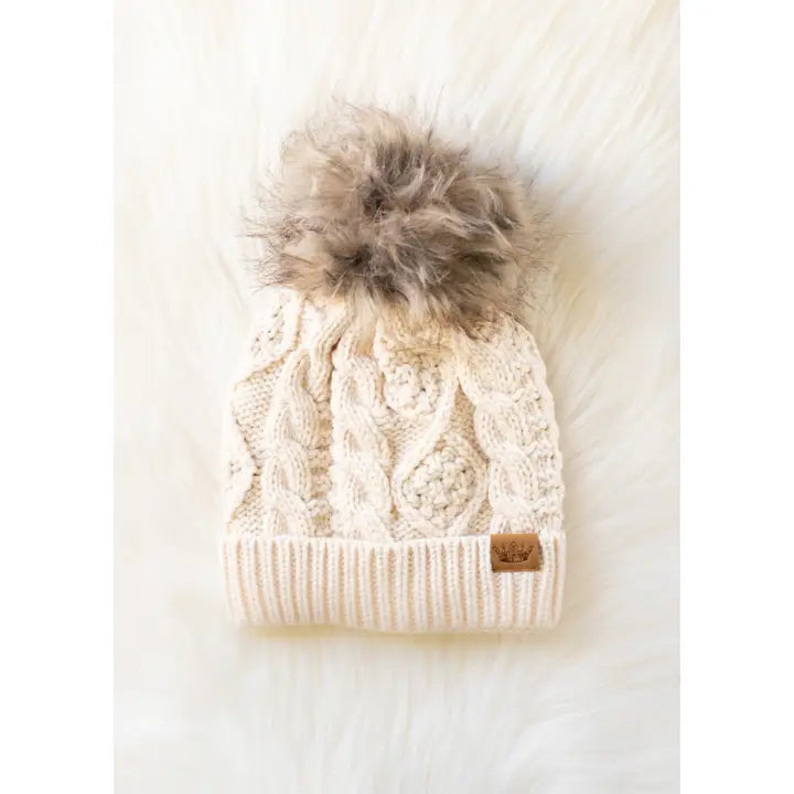 Beige Cable Knit Pom Hat