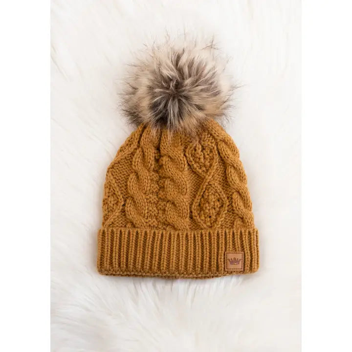Camel Cable Knit Pom Hat