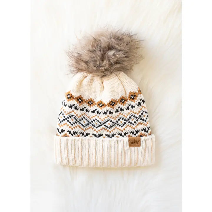 Cream, Black & Camel Patterned Pom Hat
