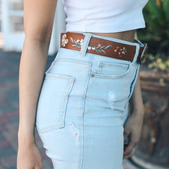 Hibiscus Embroidered Bohemian Belt: Mocha