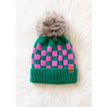 Green & Pink Checkered Pom Hat