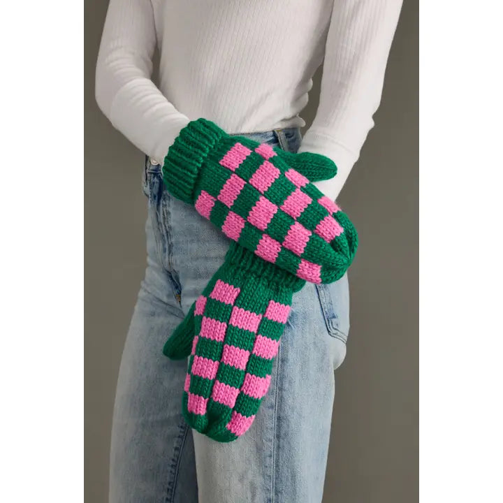 Green & Pink Checkered Mittens
