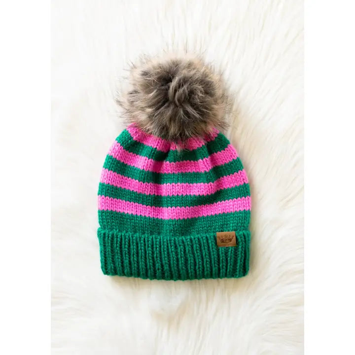 Green & Pink Striped Pom Hat