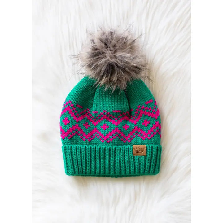 Green & Speckled Patterned Pom Hat