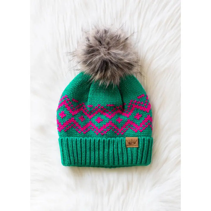 Green & Speckled Patterned Pom Hat