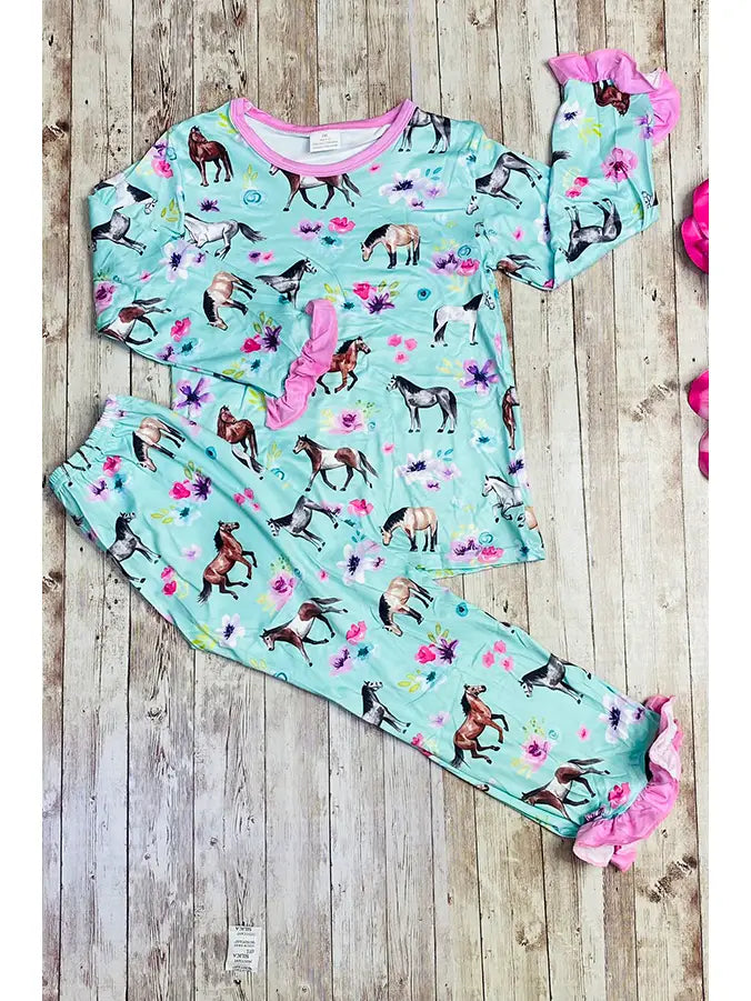 Horse & Flower Printed Long Sleeve Top & Pant Sets