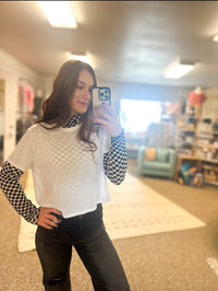 Long Sleeve Checkered Mesh Mock Neck Top