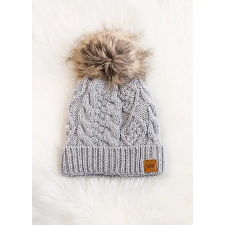 Light Gray Cable Knit Pom Hat