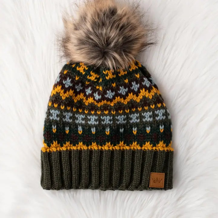 Olive & Multicolored Patterned Pom Hat