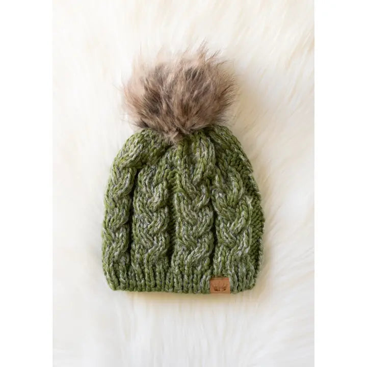 Olive Cable Knit Pom Hat