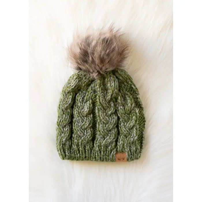 Olive Cable Knit Pom Hat