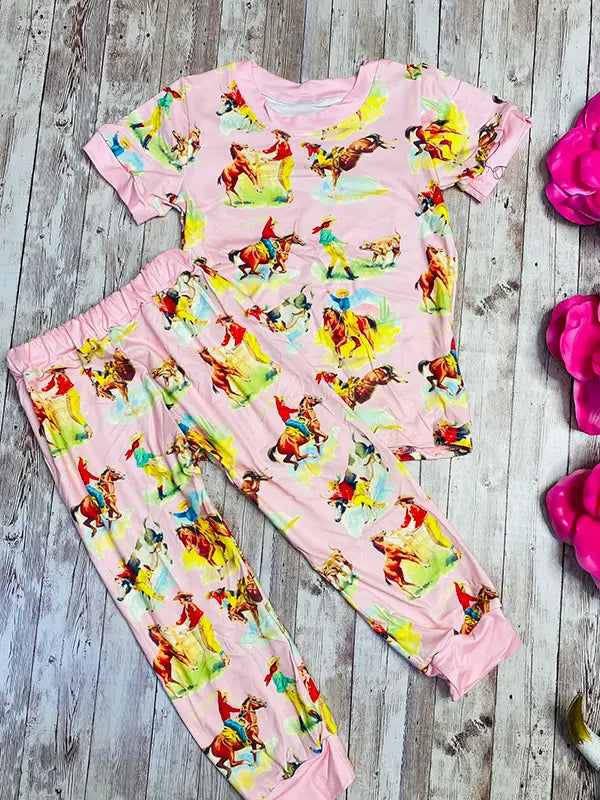Light Pink Cowboys W/Horses Western 2pc Pajama Set