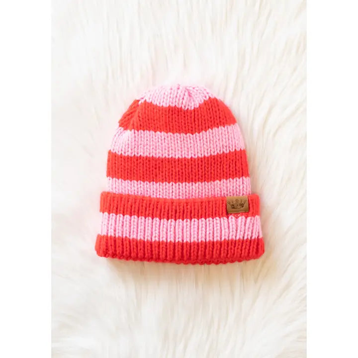Red & Blush Striped Knit Beanie