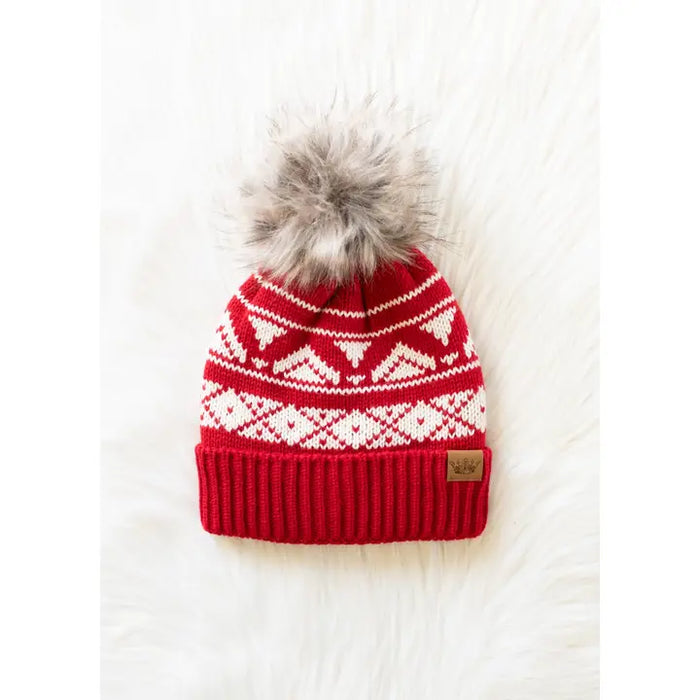 Red & Cream Patterned Pom Hat