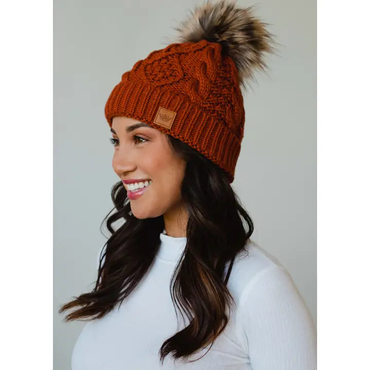 Rust Cable Knit Pom Hat