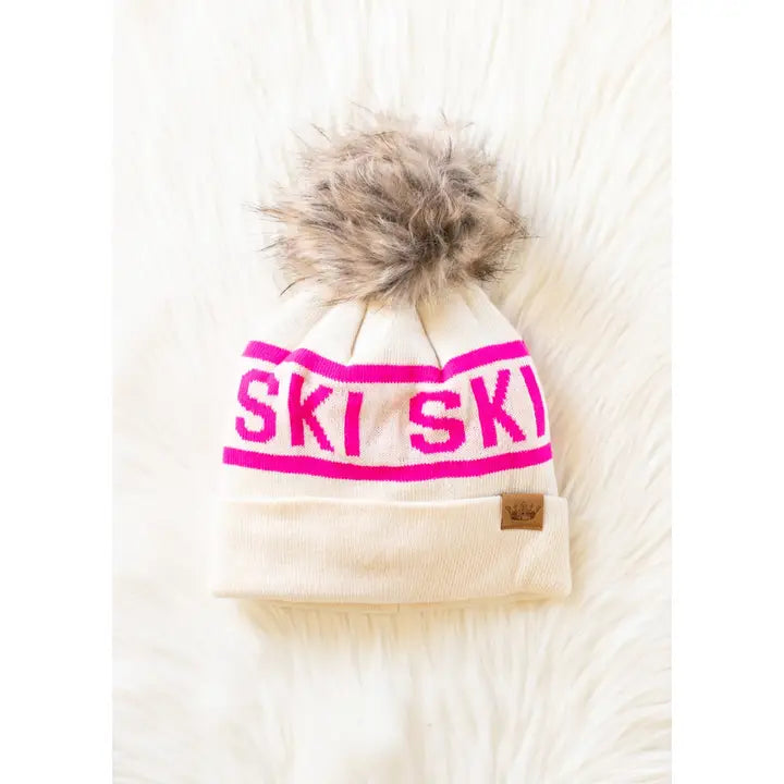 Beige & Pink Ski Pom Hat
