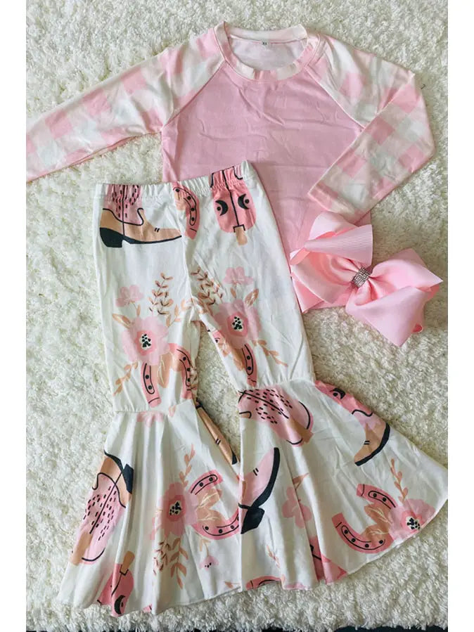 Western Pink Top Bell Bottom 2pcs Girls Set